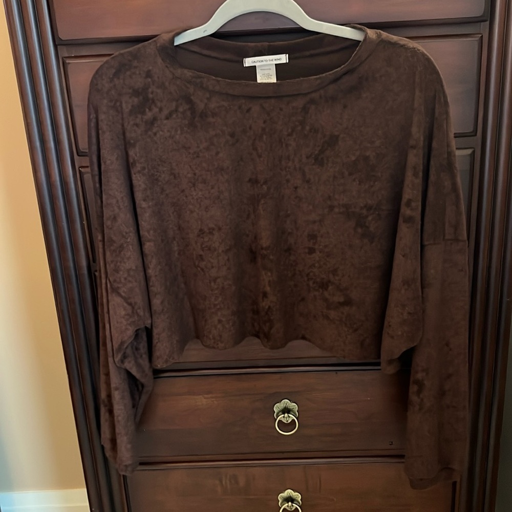 Caution to the Wind Brown Terry Crop Long Sleeve Boxy Shirt Medium